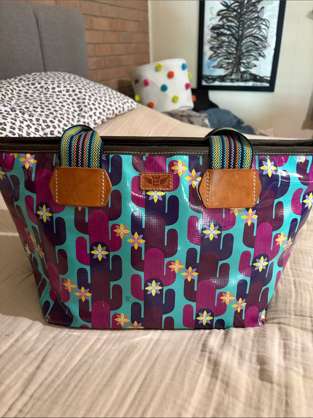 Colorful Consuela Floral Cactus Tote Bag - Teal & Purple